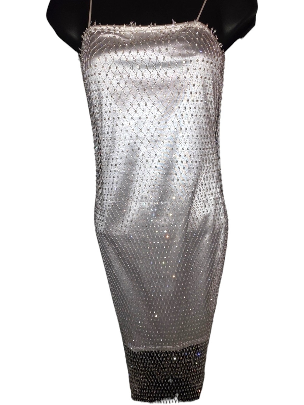 White Bear Dance Clear Rhinestone Mesh Bodycon Mini Dress - Size S